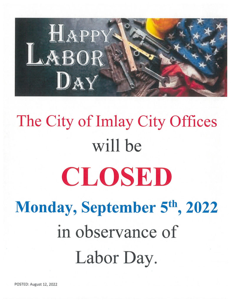 City Offices CLOSED 09.05.2022 Imlay City