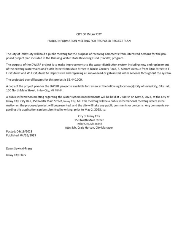 Drinking Water State Revolving Fund (DWSRF) Information Imlay City