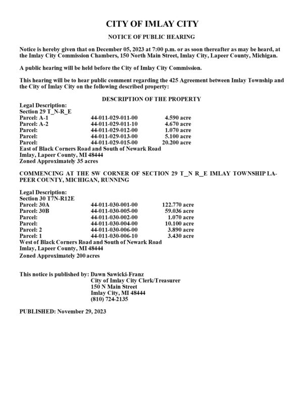 Public Hearing 425 Agreement Imlay City