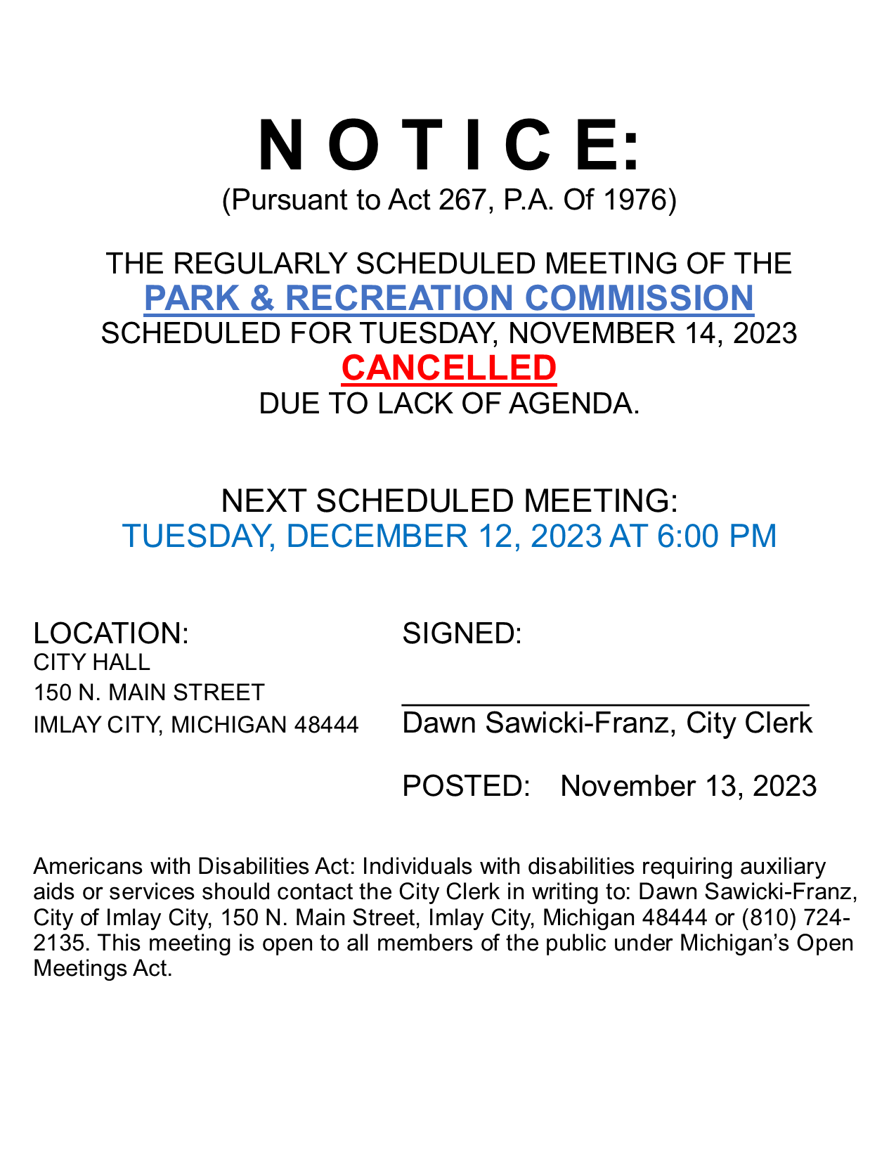 Parks & Rec Community Meeting Imlay City
