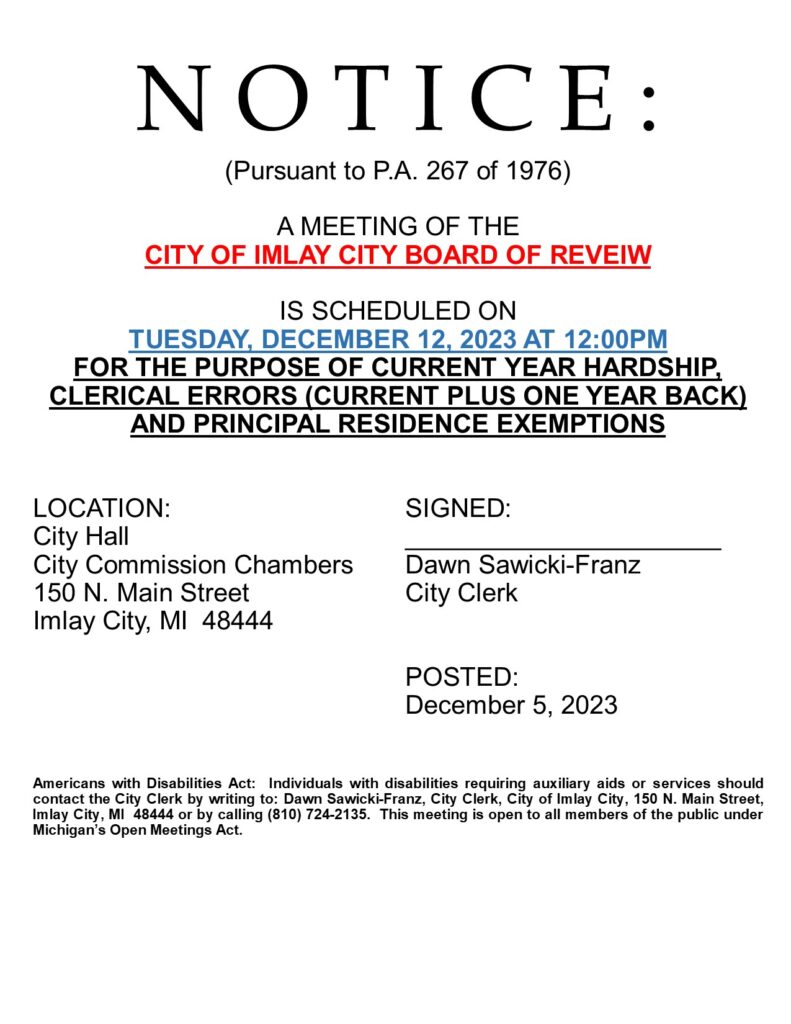 Board of Review Meeting December 12th, 2023 at 1200PM Imlay City