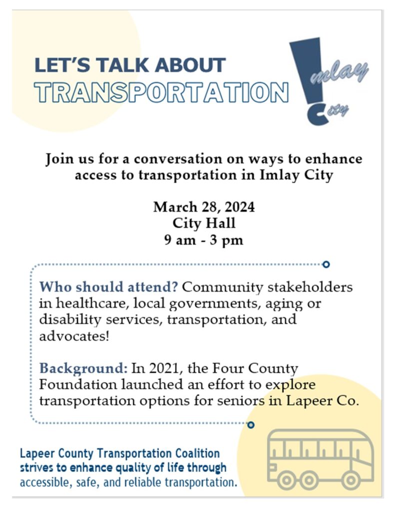 Imlay City Transportation Event Flyer for March 28, 2024.