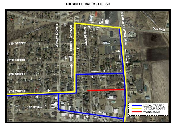 Map showing 4th Street traffic patterns with detour routes.