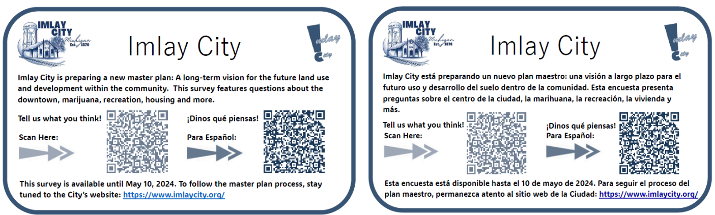 Imlay City master plan survey notice with QR code.