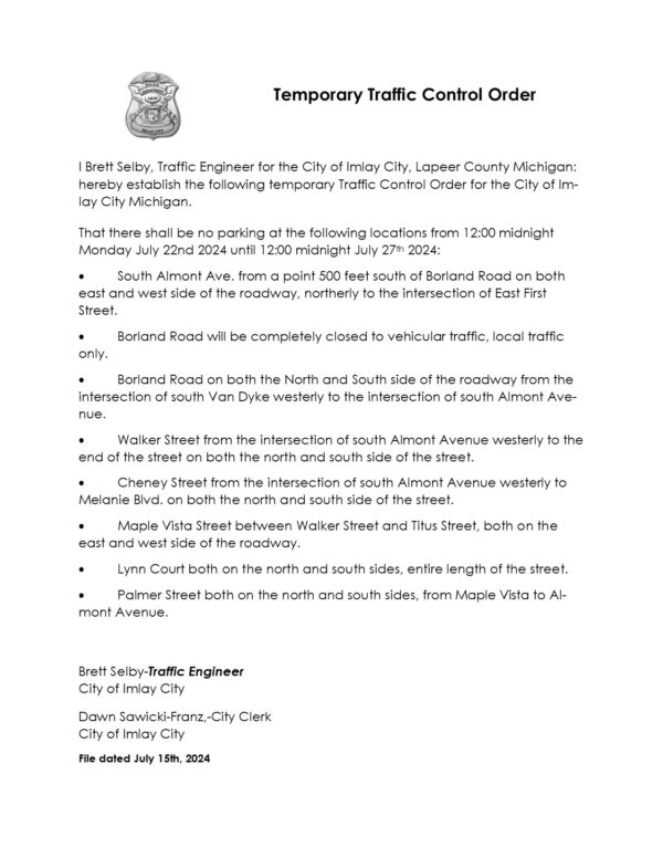 Document detailing temporary traffic control orders