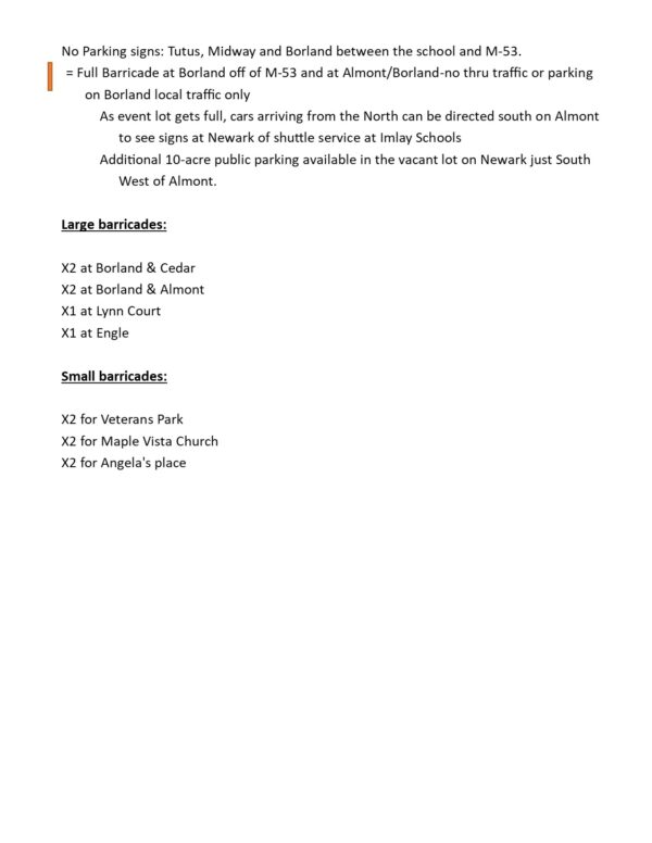 Document listing parking and barricade arrangements