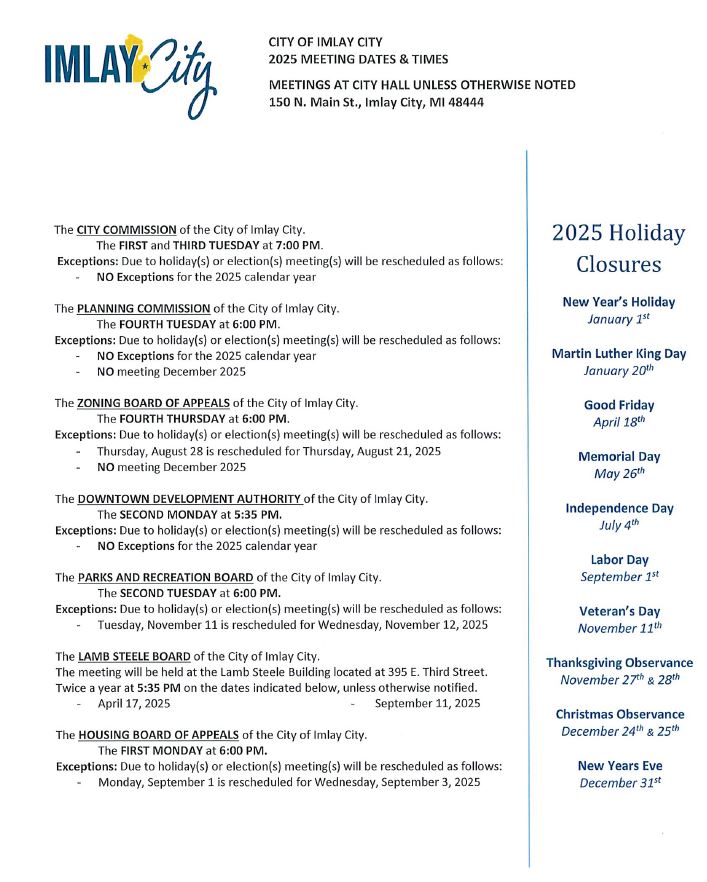 capture 2025 Imlay City government meeting schedule and holiday closures