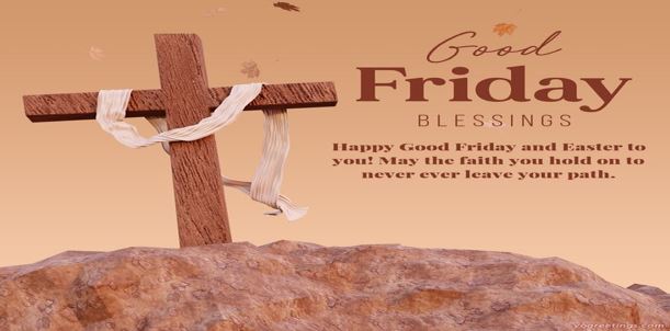 Wooden cross with cloth on rock, Good Friday Blessings text