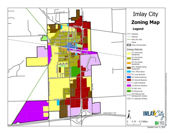 Imlay City zoning map with district colors and legend.