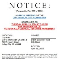 Notice of Imlay City Commission special meeting on April 23.